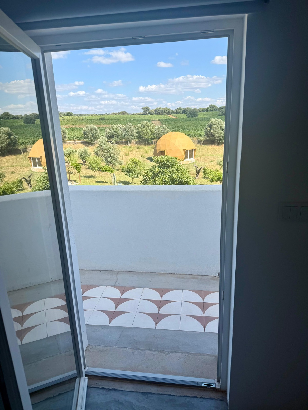 Private balcony view over the domes and vineyards